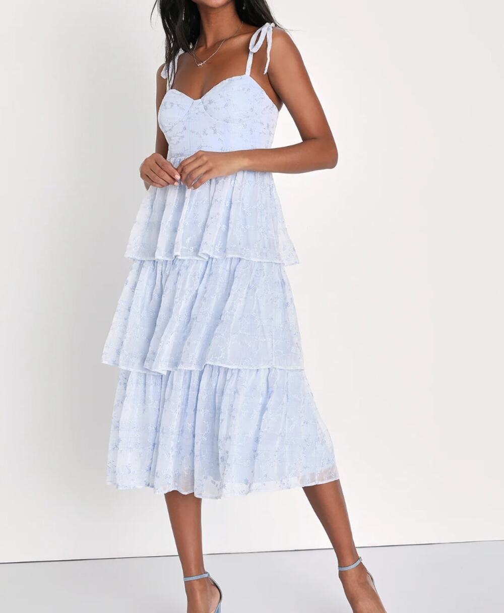 Lulus Blue Embroidered Tie-Strap Tiered Midi Dress (M)